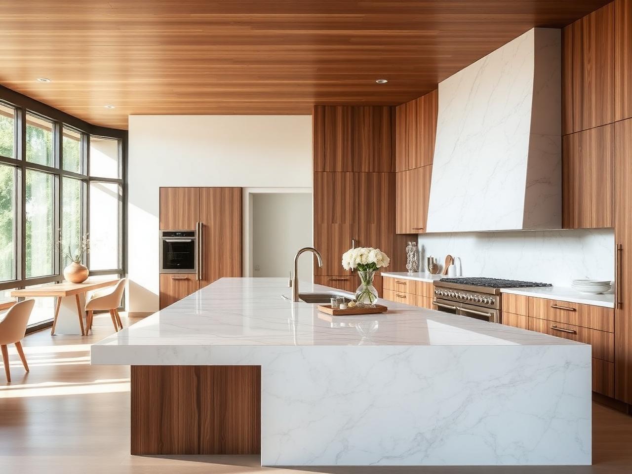 White marble waterfall island in modern kitchen
