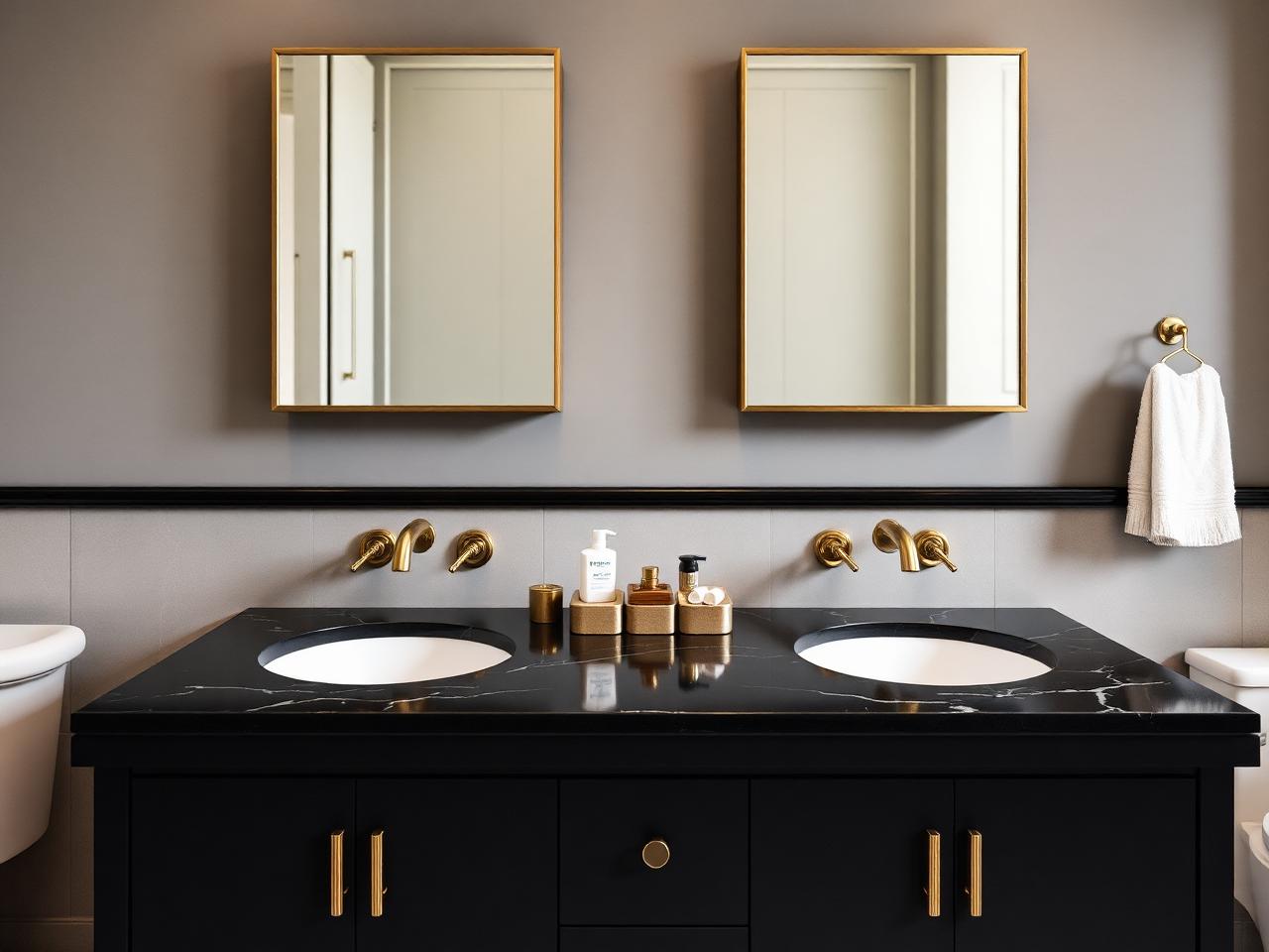 Black quartz vanity with brass fixtures