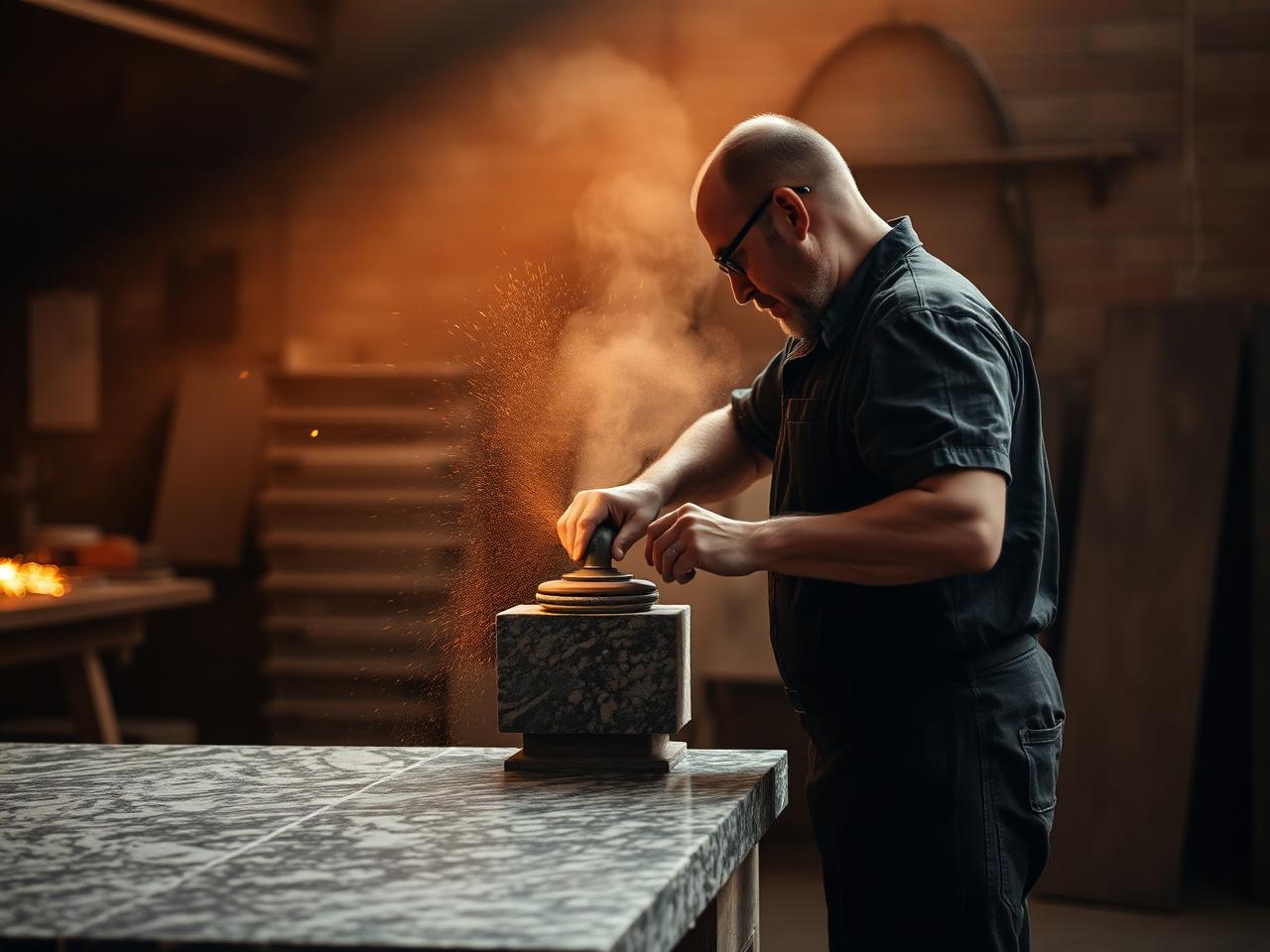 Craftsman polishing a granite slab